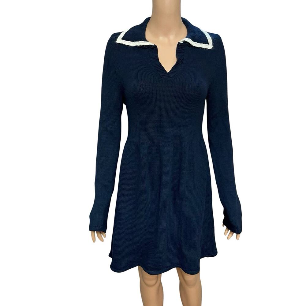 Maeve Daily Practice Polo Sweater Dress Small Navy White Preppy Mini Long Sleeve